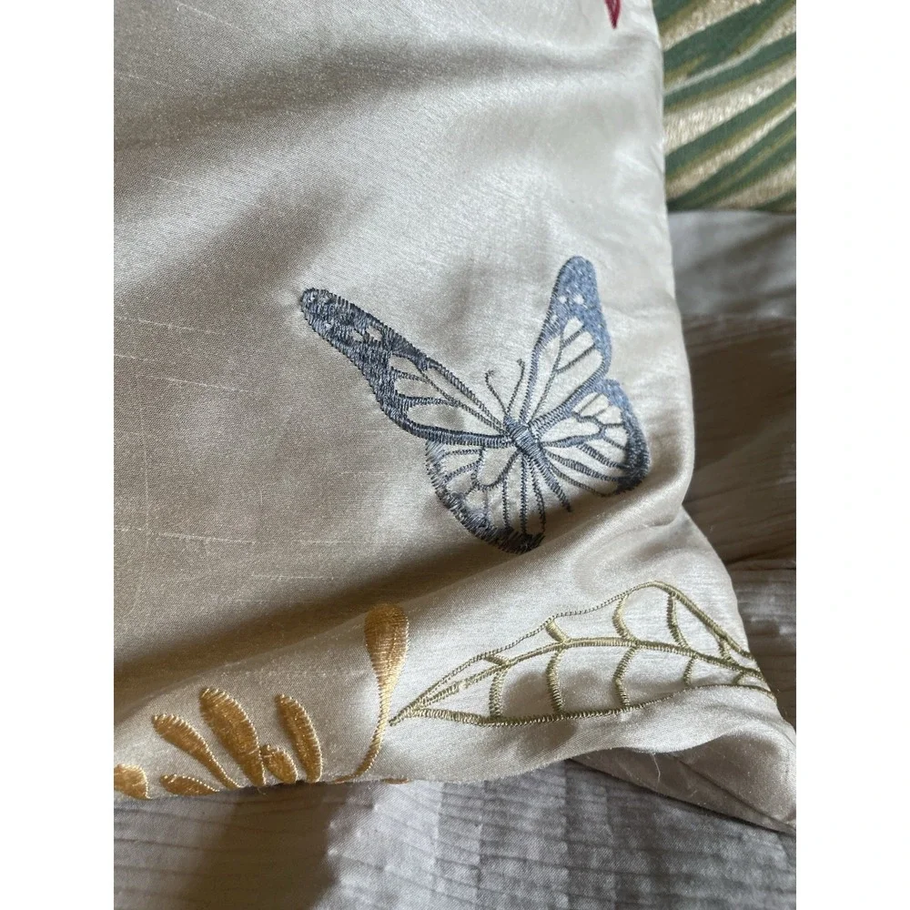 Vintage Satin Embroidered Floral Hummingbird Cottagecore Accent Pillow 17